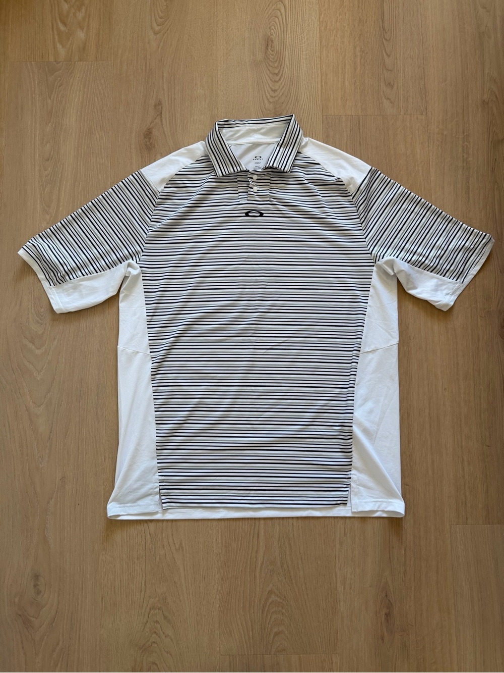 Oakley Men’s White Polo with Black Green Thin Stripes